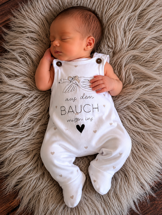 Babystrampler zur Geburt "Aus dem Bauch mitten ins Herz"