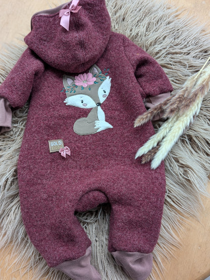 Baby-Walkoverall aus Wollwalk mit Fuchs-Applikation – Handgemacht & kuschelig warm 🦊
