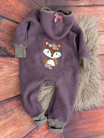 Baby-Walkoverall aus Wollwalk mit  Fuchs-Applikation – Handgemacht & kuschelig warm