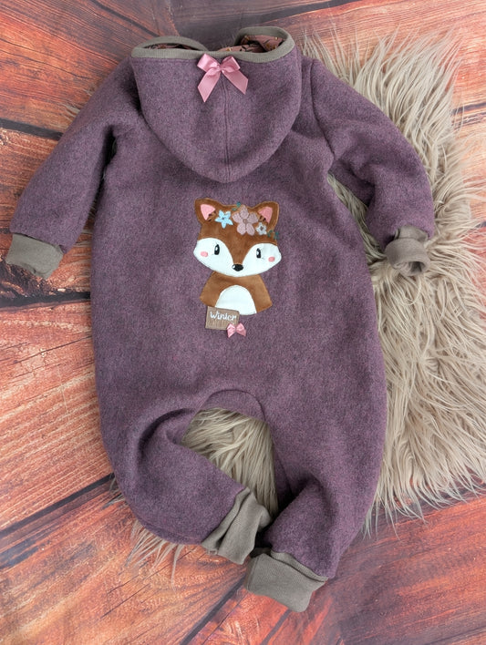 Baby-Walkoverall aus Wollwalk mit  Fuchs-Applikation – Handgemacht & kuschelig warm